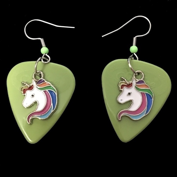 HAND Crafted Drop Earrings Unicorns Repurposed Guitar Picks Lime Green - Picture 1 of 6